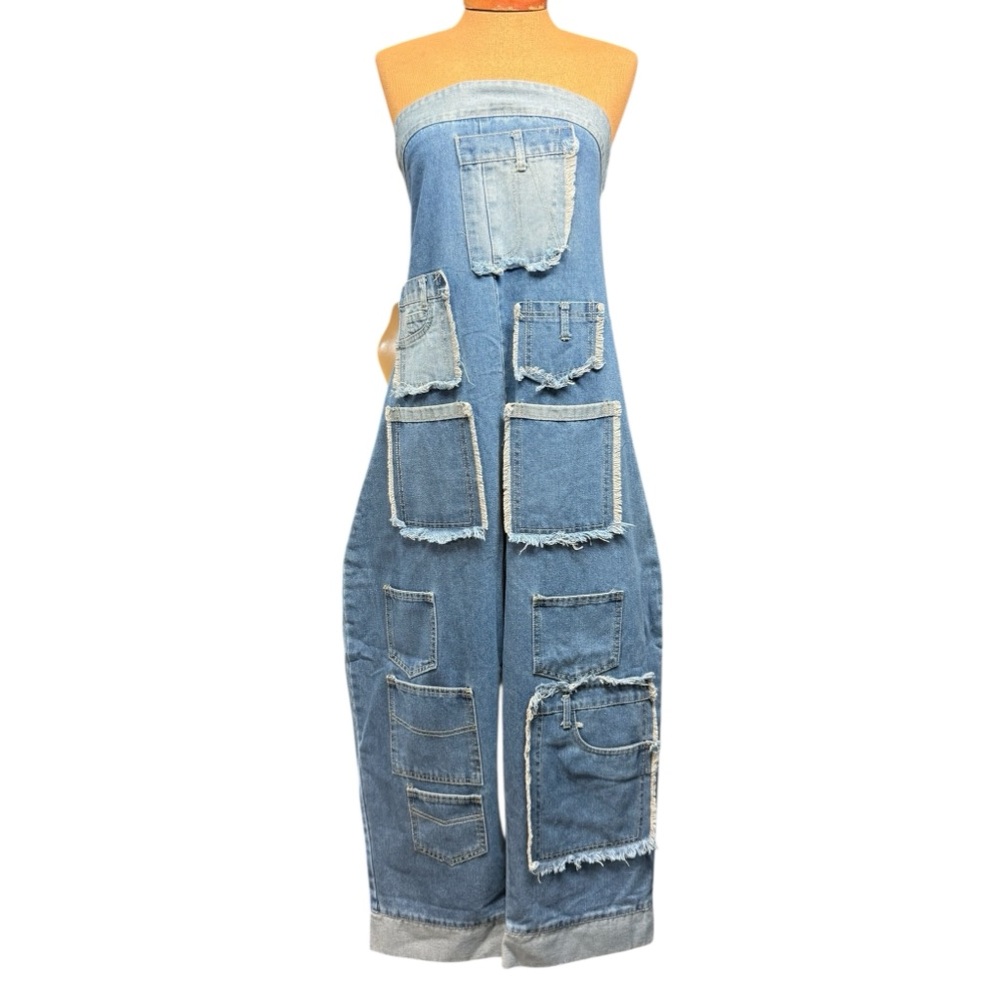 Strapless Patchwork Denim Jumpsuit - Blue